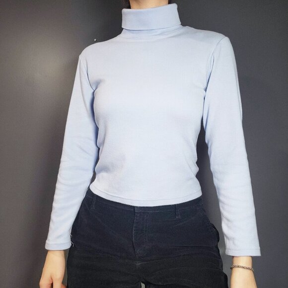 Vintage 90s soft baby blue cotton turtleneck sweater - Picture 1 of 13